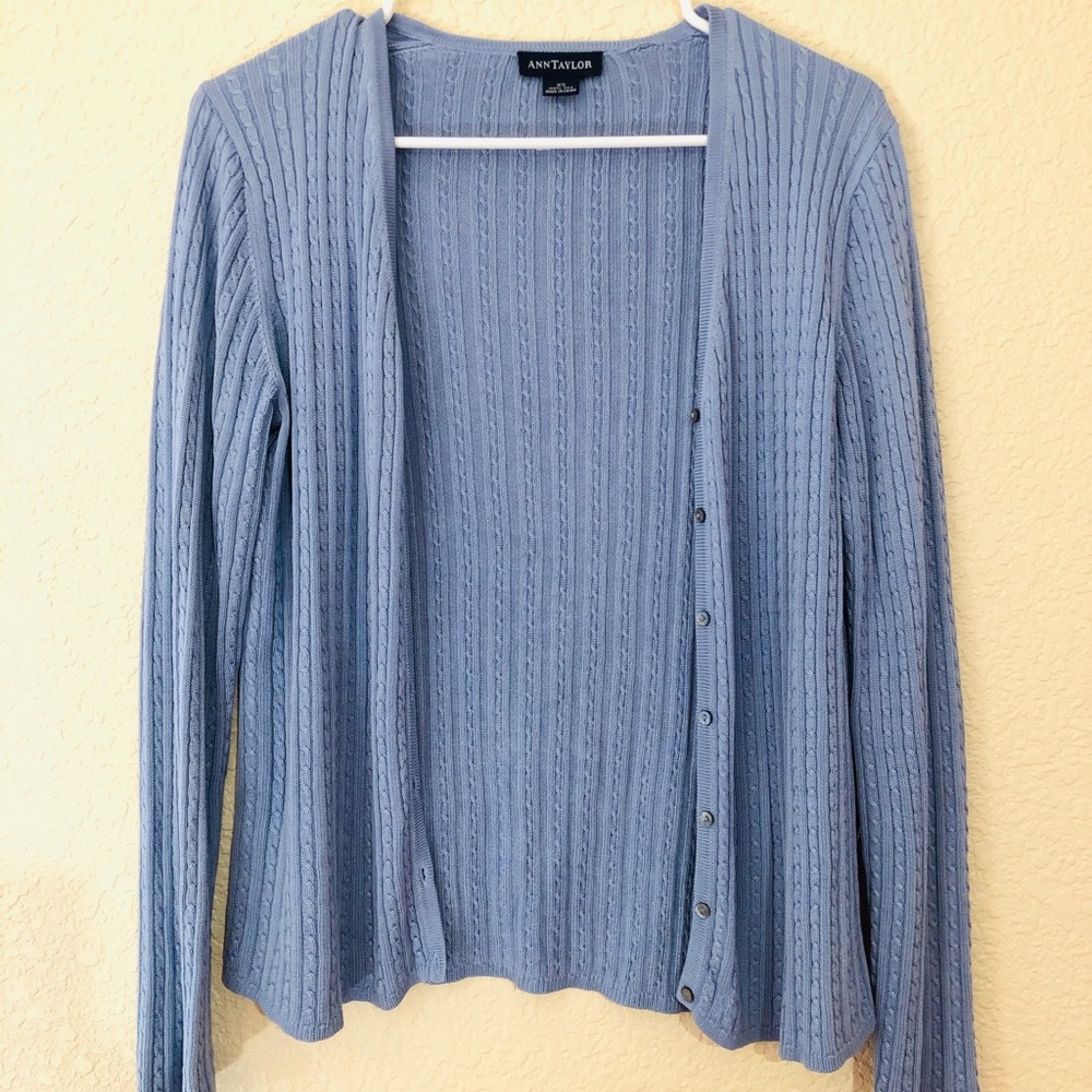 Ann Taylor Blue Silk Button Up Cardigan Sweater
